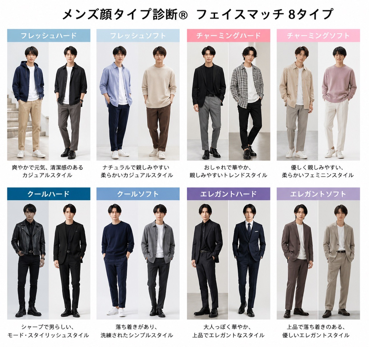 メンズ顔タイプ診断®フェイスマッチ8タイプ別の似合うファッションイメージ