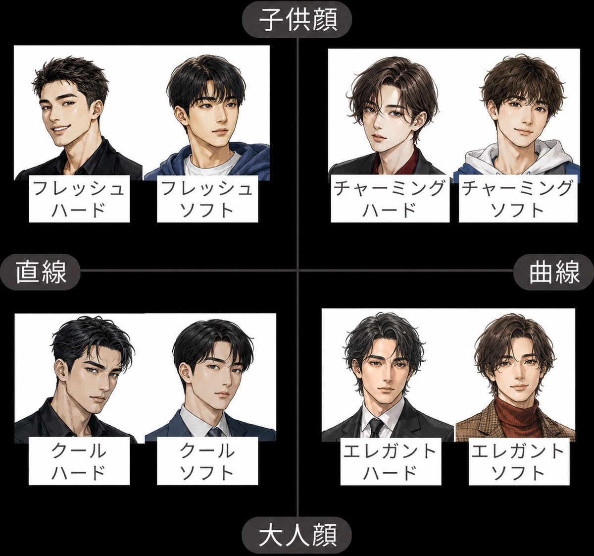メンズ顔タイプ診断®8タイプ別イメージイラスト（子供顔・大人顔×直線・曲線）